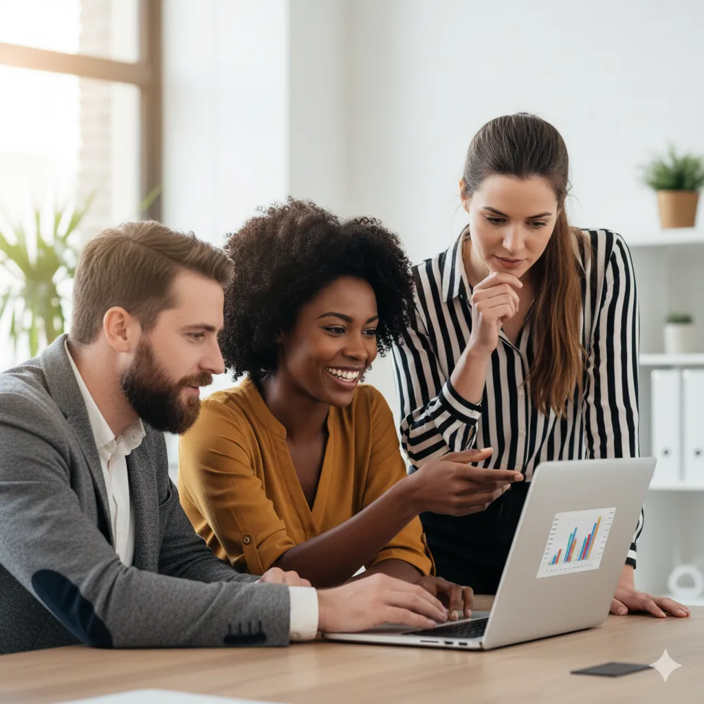 Diverse Techonova team of four professionals (two men, two women) collaborating around a laptop, reviewing data. Represents IT Partnership and Excellence.