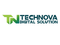 Techonova brand logo with a vibrant gradient of lime green to dark blue, symbolizing innovation and growth.